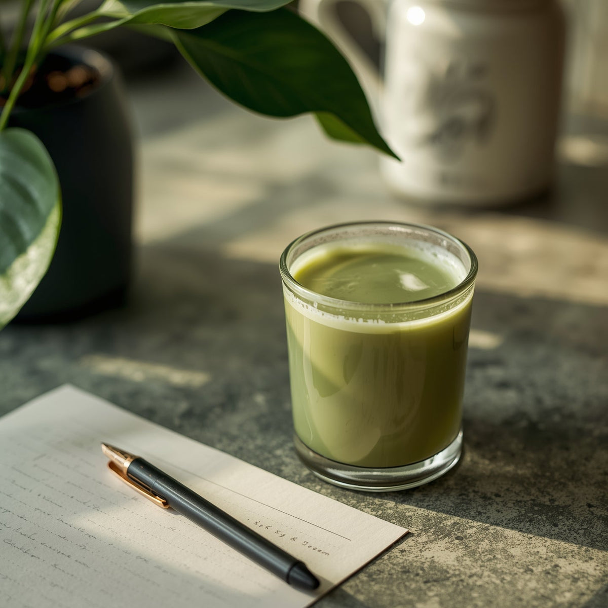 Matcha Latte im Glas auf einer Theke