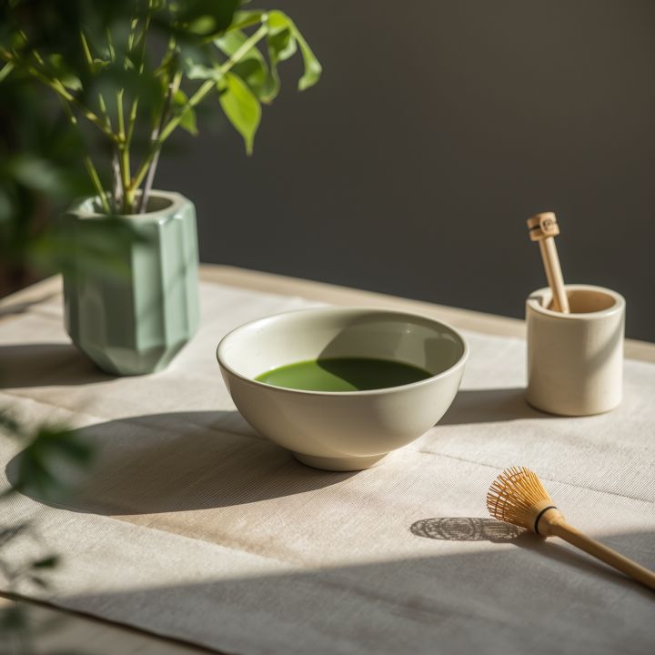 Matcha-Schale mit Bambusbesen und gesiebtem Pulver